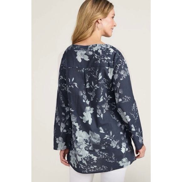 Soft Surroundings Blue Floral Tunic Top Roll Tab Sleeve Size L - Picture 2 of 11